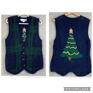 Vintage Eagle’s Eye Christmas vest M tartan plaid hand knit button missing 1993